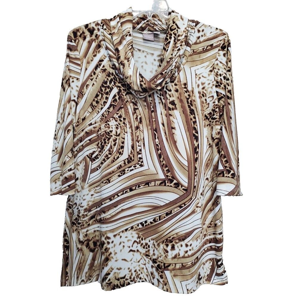 CHICO'S Cowl Neck Mixed Print 3/4 Sleeve Stretchy Tunic Size 2 Large Boho